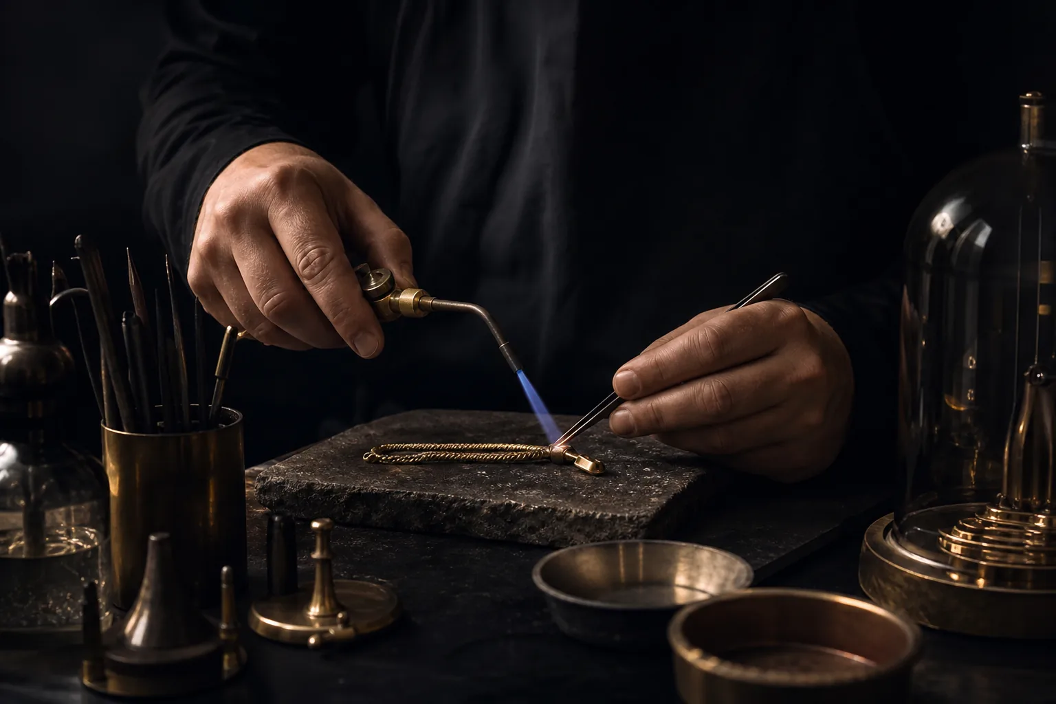 Maestro orafo al lavoro nel laboratorio interno Diamante