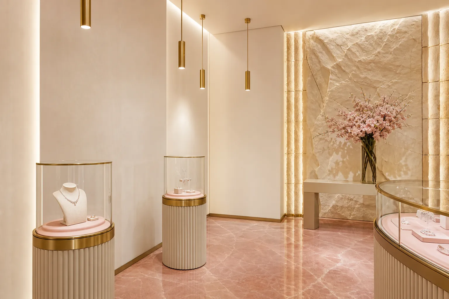 Interno della boutique Diamante con muri bianchi, marmo rosa e dettagli in ottone satinato