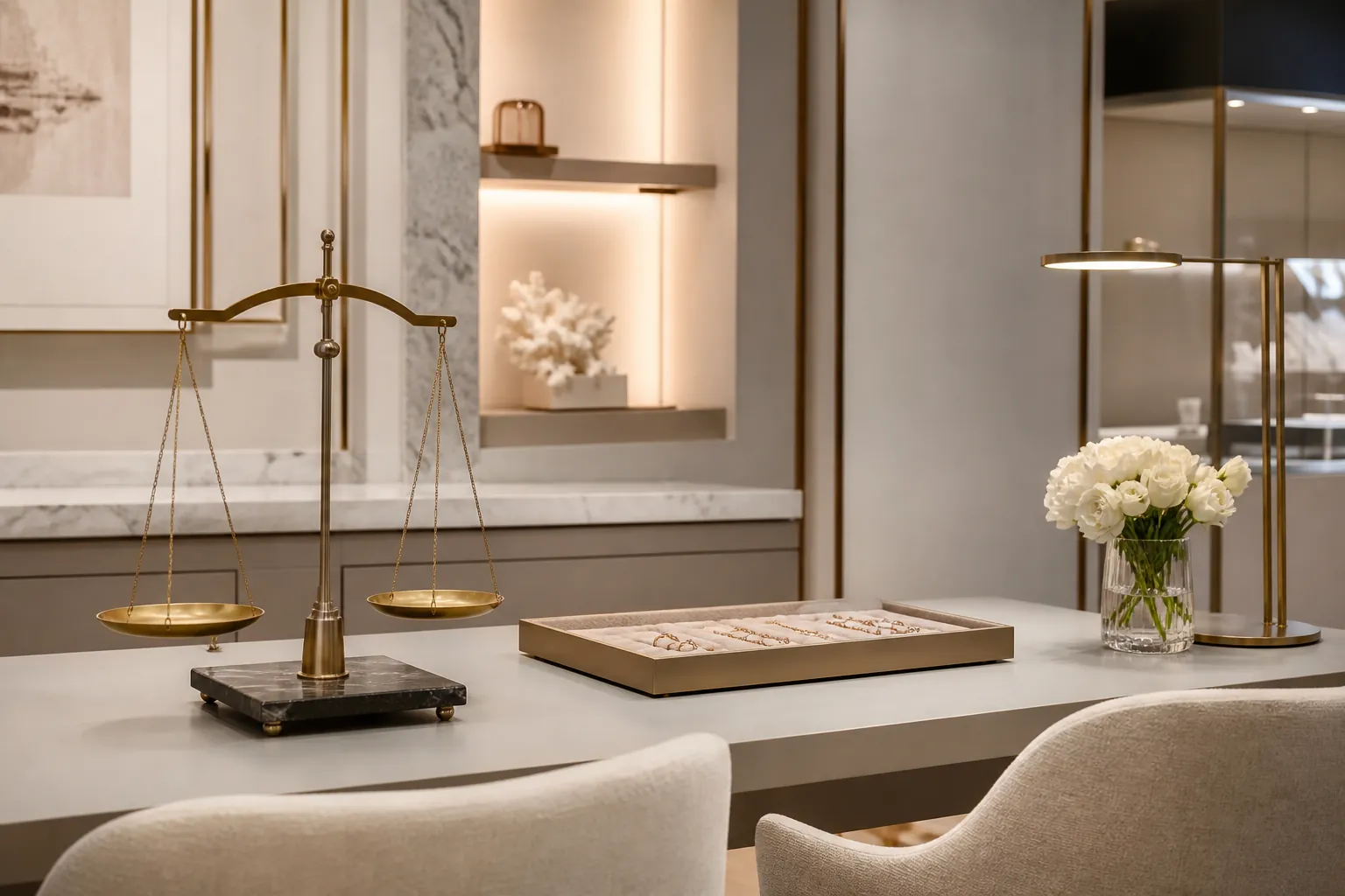 Postazione privata per la valutazione dell'oro nella boutique Diamante
