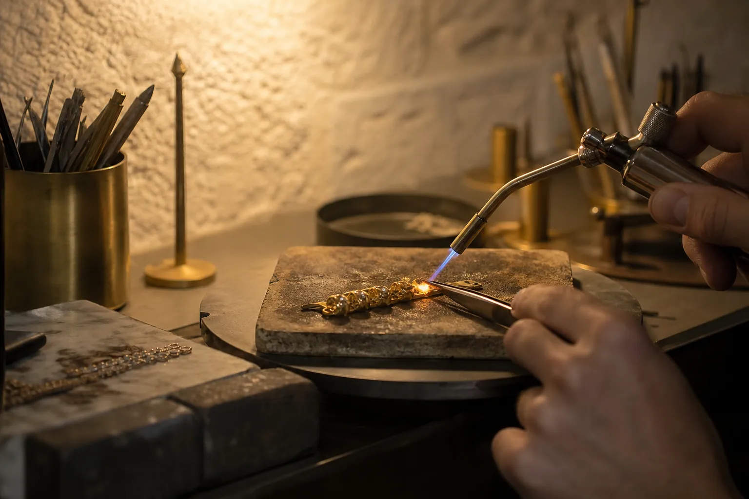 Banco orafo con strumenti professionali e un dettaglio in oro in lavorazione