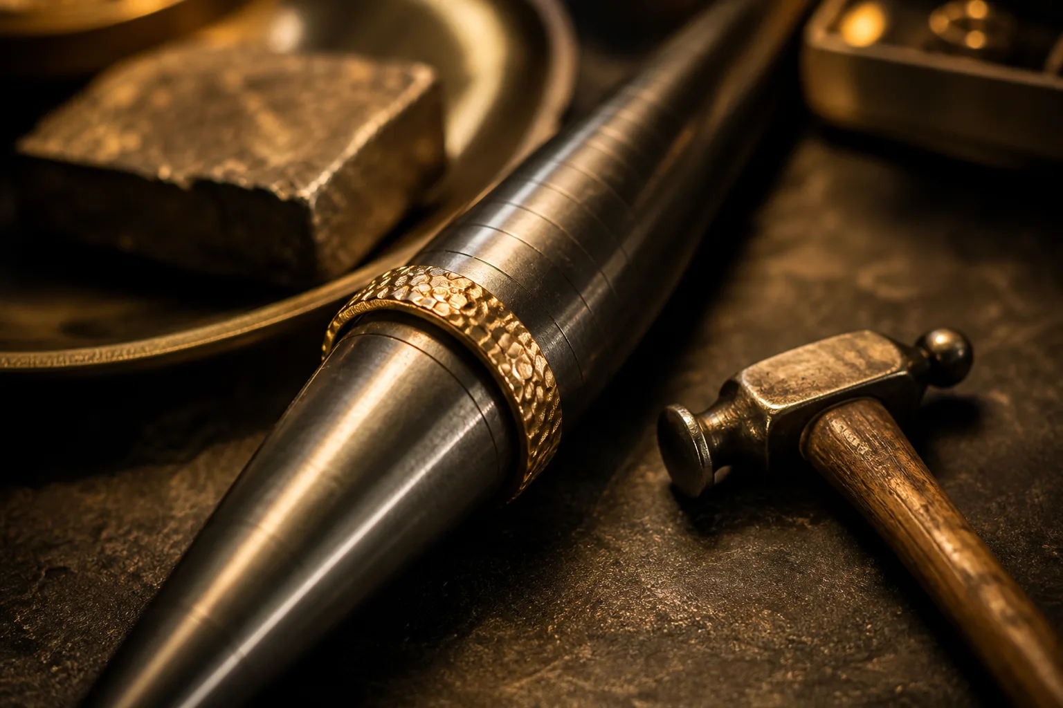 Orafo che misura un anello d'oro su un mandrino graduato al banco di lavoro