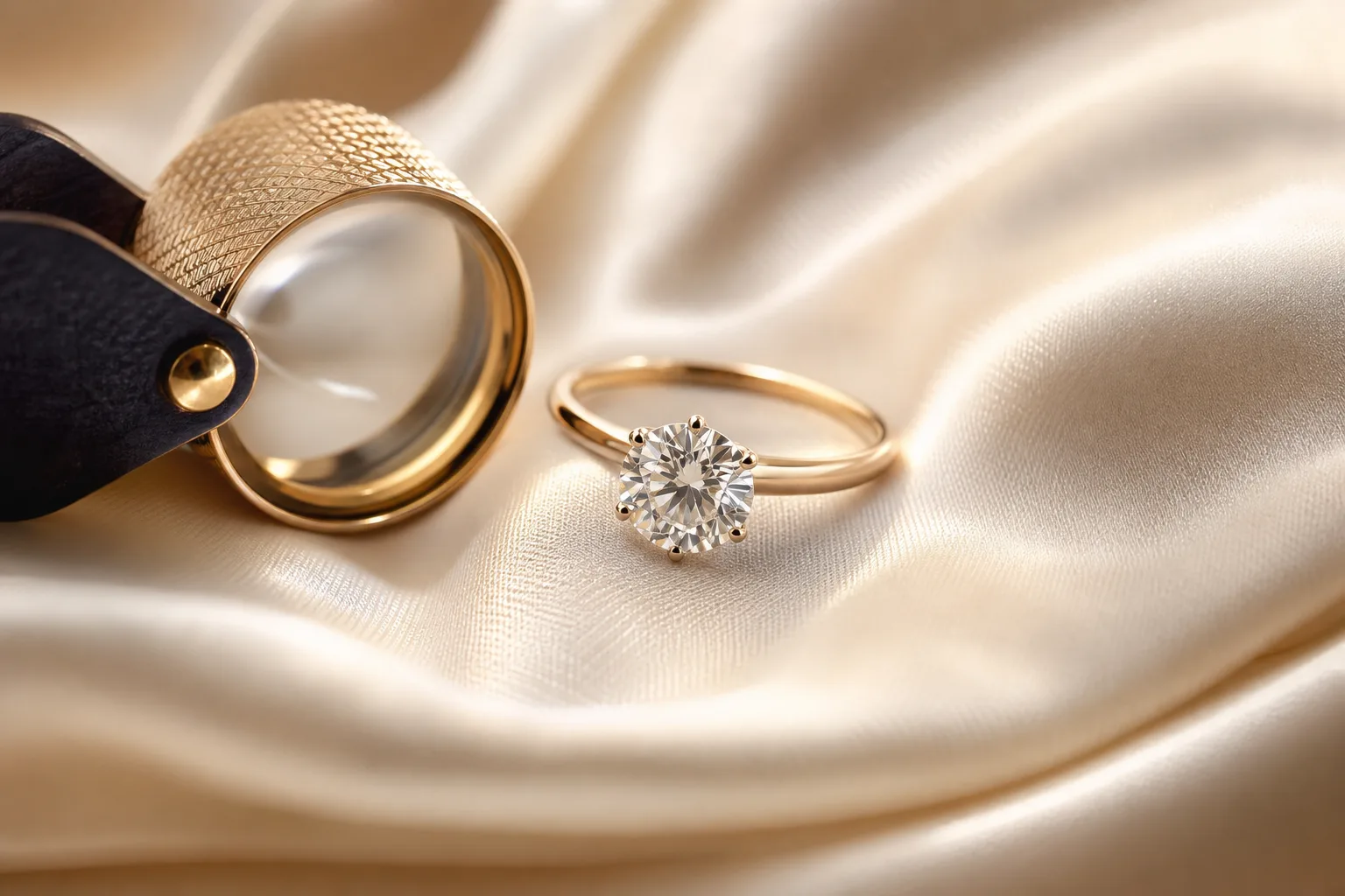 Anello solitario con diamante taglio brillante osservato con lente da gemmologo su un banco da orafo