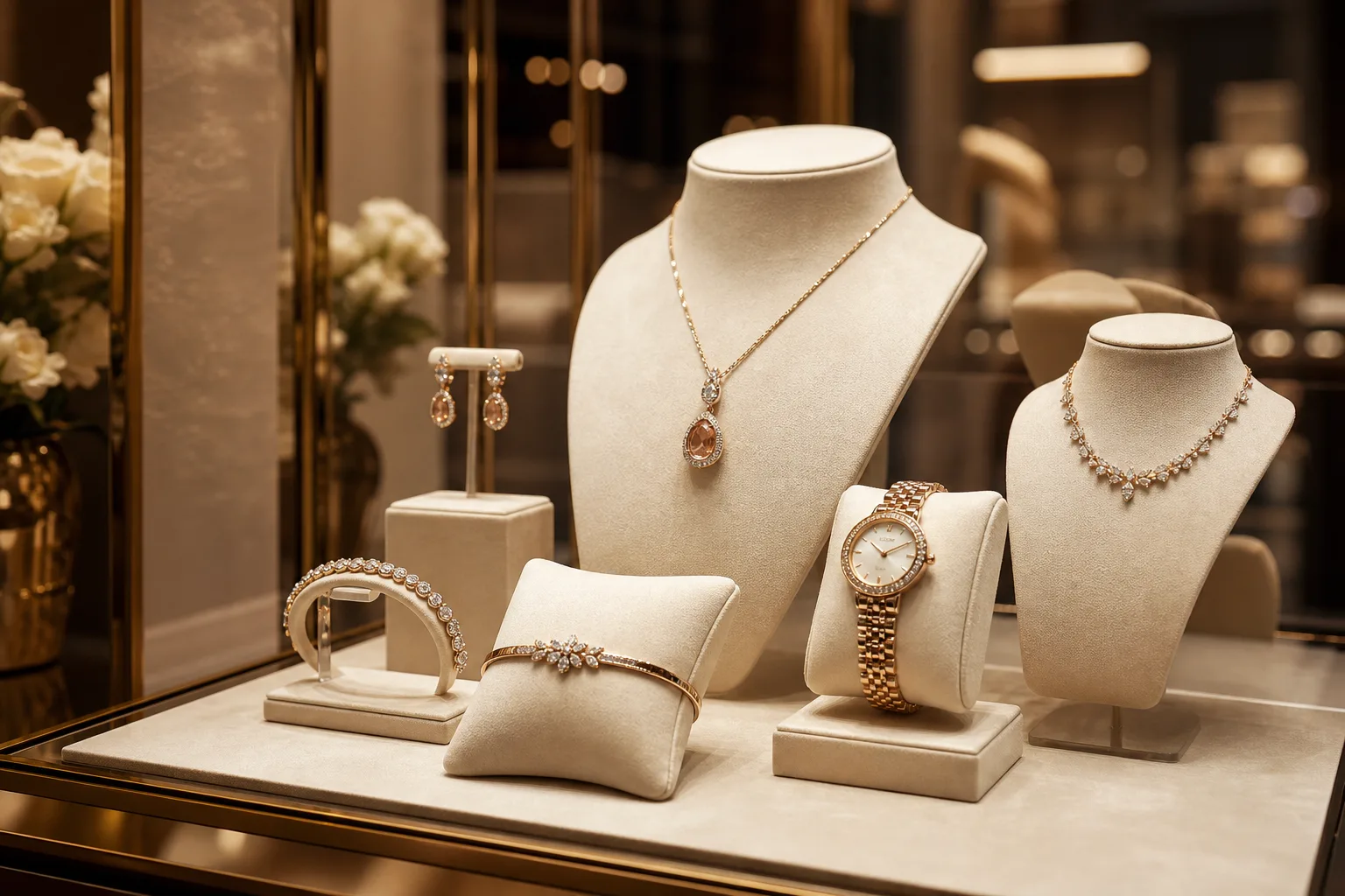 Vetrina di gioielleria con collane e bracciali di brand italiani esposti su espositori in velluto