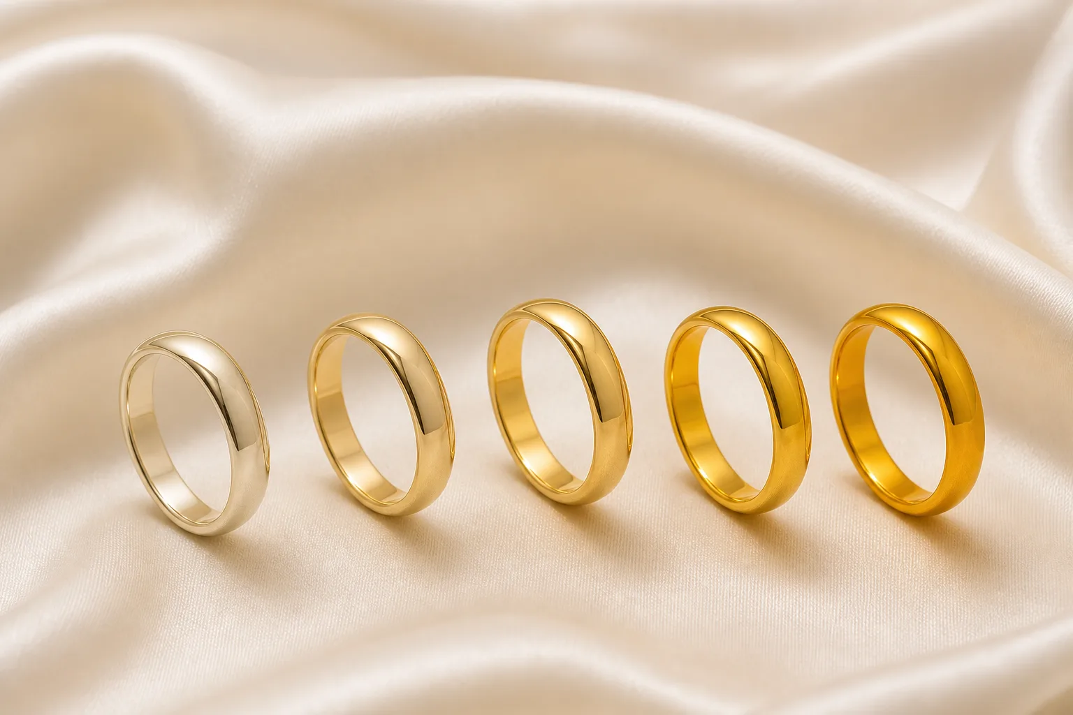 Anelli in oro giallo, bianco e rosa di diverse carature affiancati su un piano da orafo