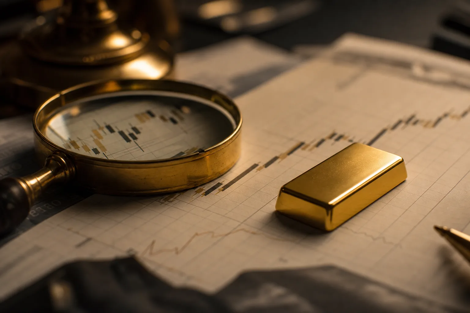 Grafico della quotazione dell'oro su schermo accanto a lingotti e bilancia da banco