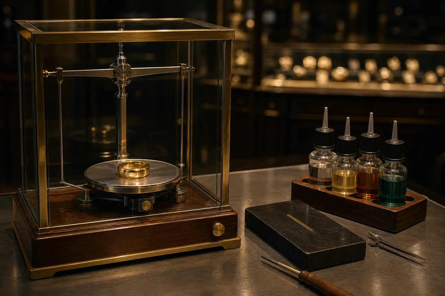 Bilancia di precisione omologata su un banco di valutazione con lente da gioielliere e punzoni