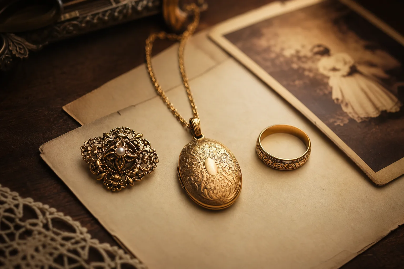 Cofanetto d'epoca con gioielli in oro di famiglia accanto a documenti di successione