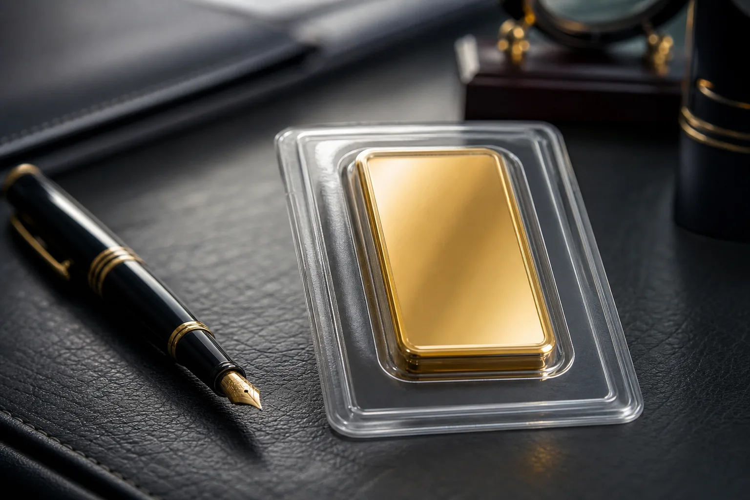 Lingotti d'oro di vari tagli con certificati e fattura d'acquisto su una scrivania