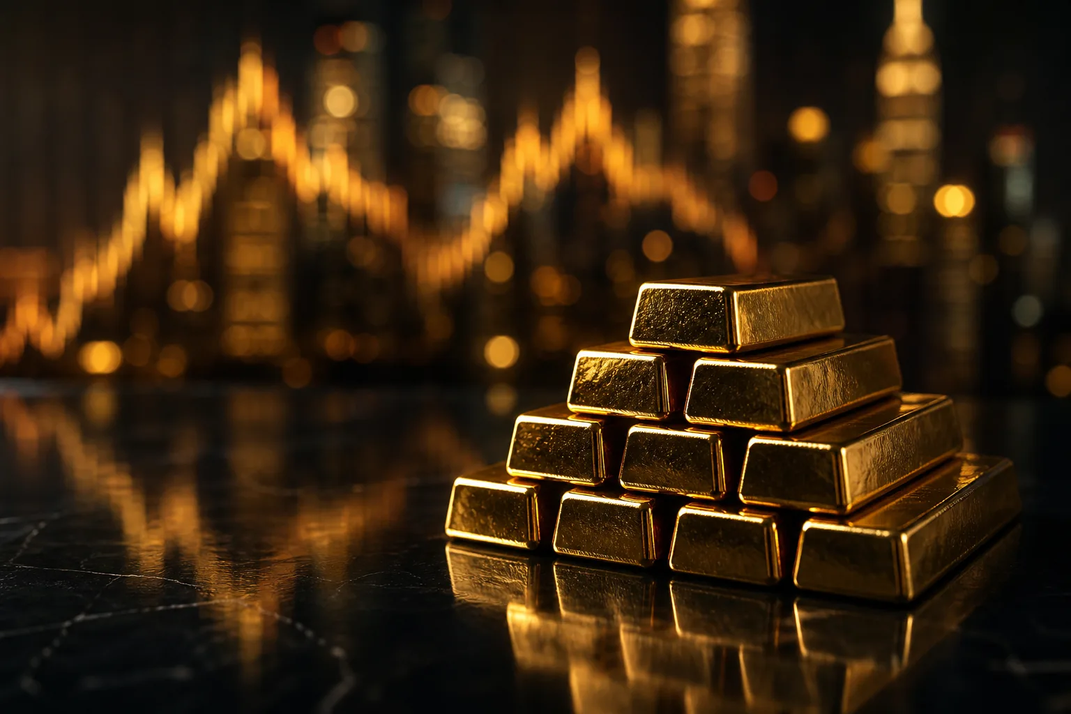Grafico storico del prezzo dell'oro in salita con lingotti in primo piano