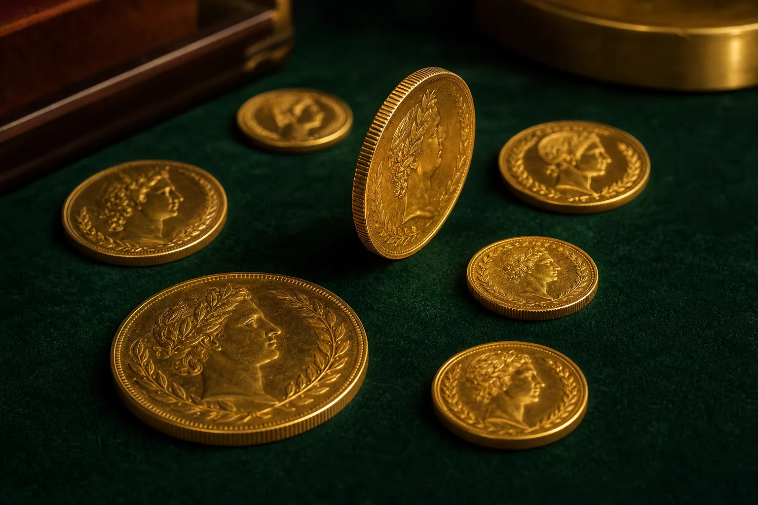 Sterline d'oro, marenghi e krugerrand disposti su un panno scuro accanto a una lente numismatica