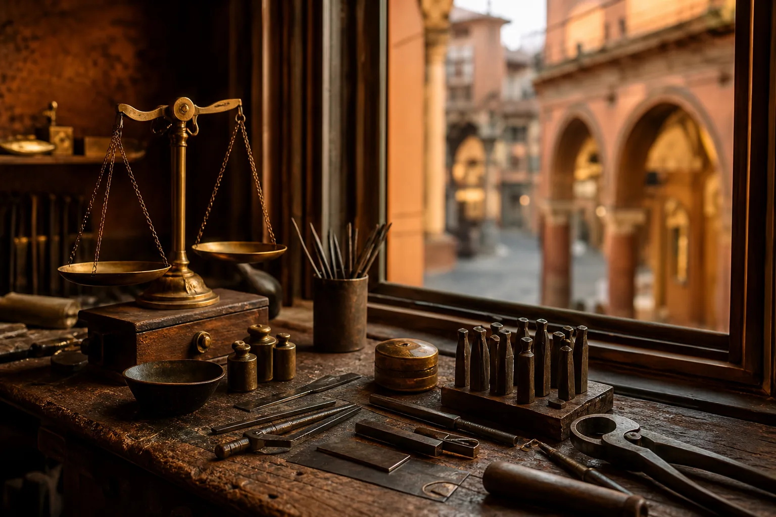 Scorcio di via degli Orefici nel Quadrilatero di Bologna con i portici e le botteghe storiche