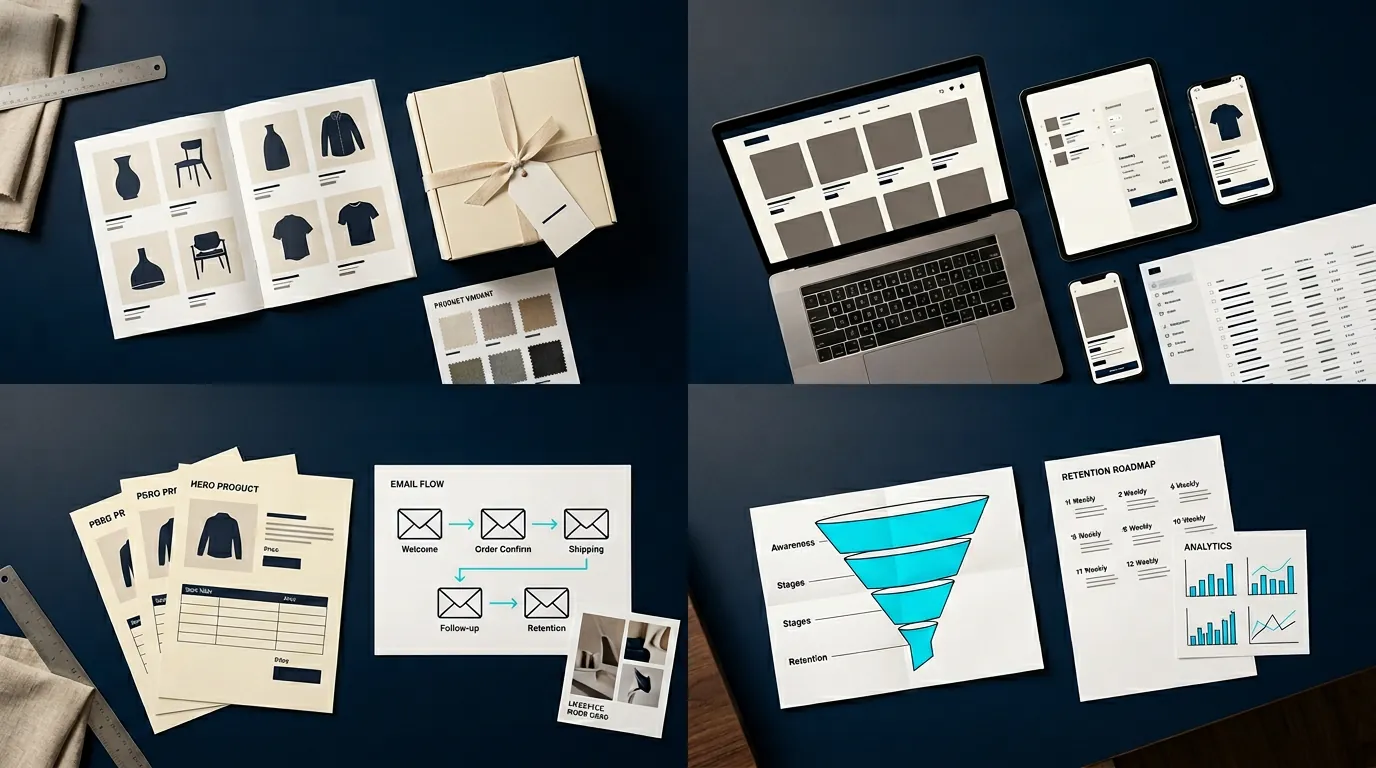 Commerce System — Catalogo · Headless Stripe · Schede prodotto · Funnel + retention