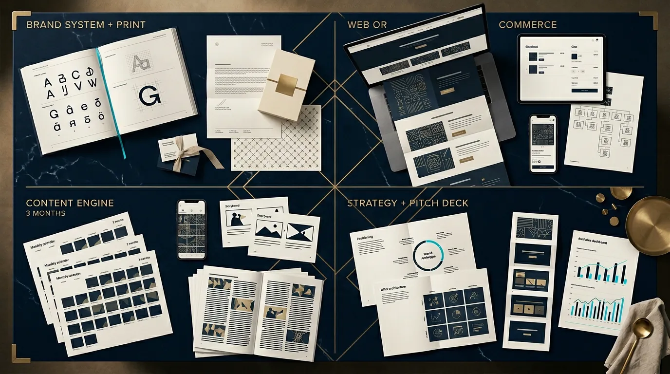 Pro — Brand+print · Sito o Commerce · Content Engine 3 mesi · Pitch deck
