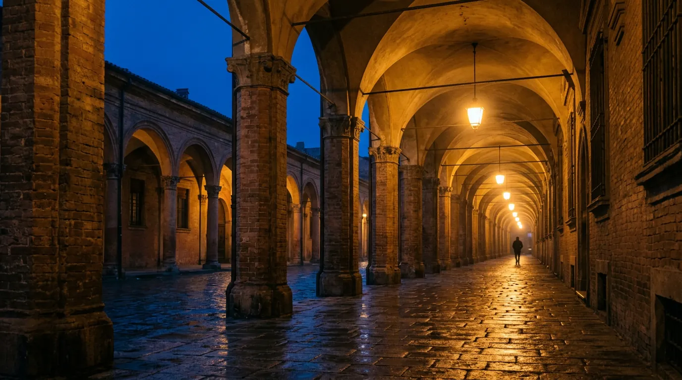 Portici di Bologna al blue hour, lampade ad arco, atmosfera editoriale