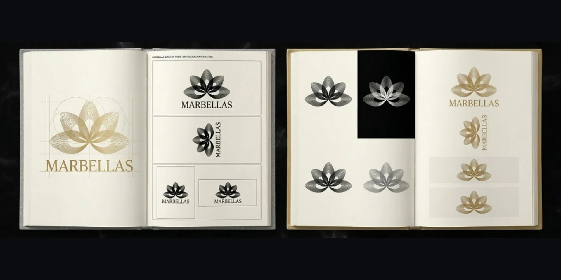 Il brand book Marbellas aperto: declinazioni del logo in nero, bianco e oro
