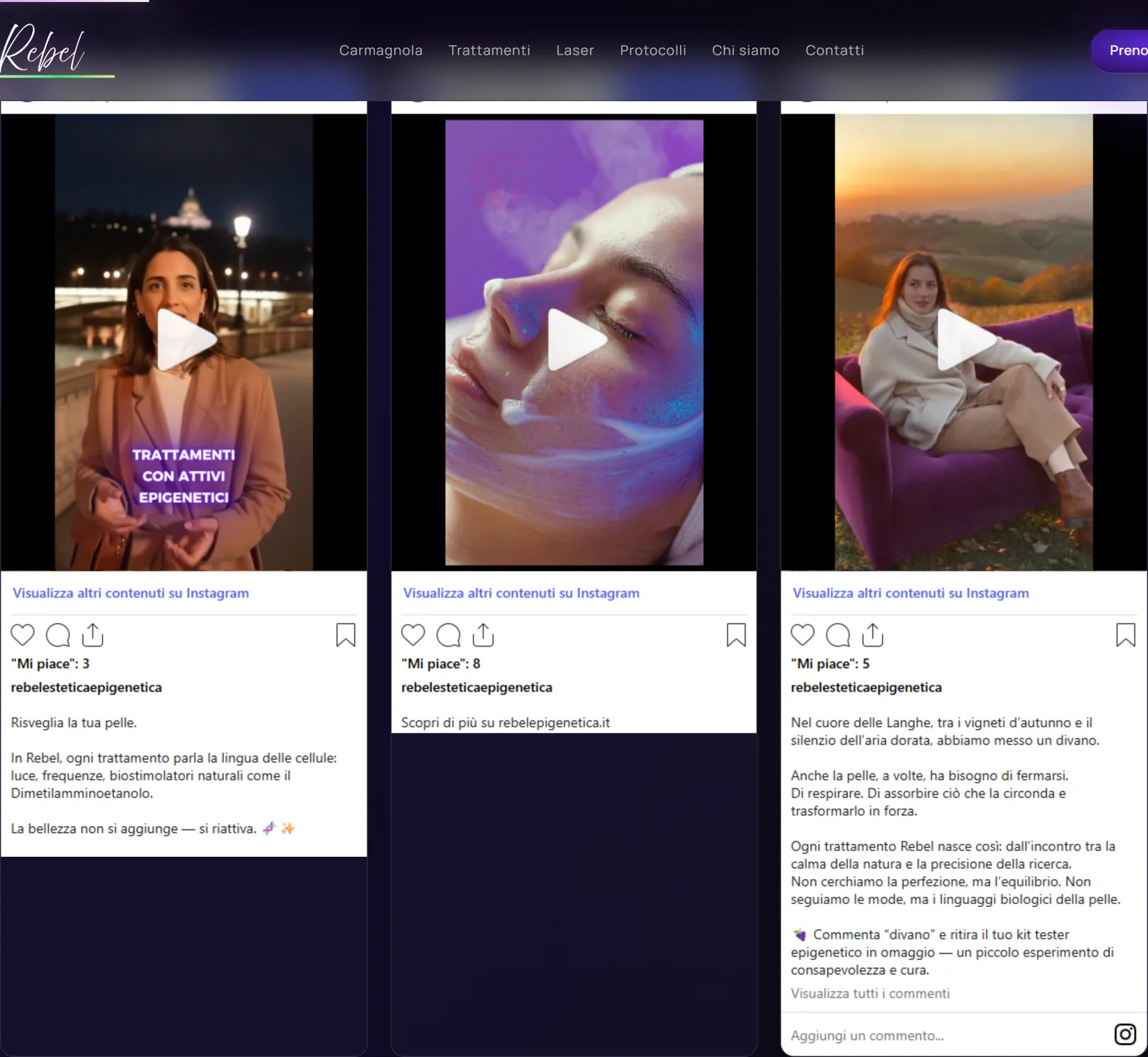 Reel Instagram dello studio incorporati nel sito