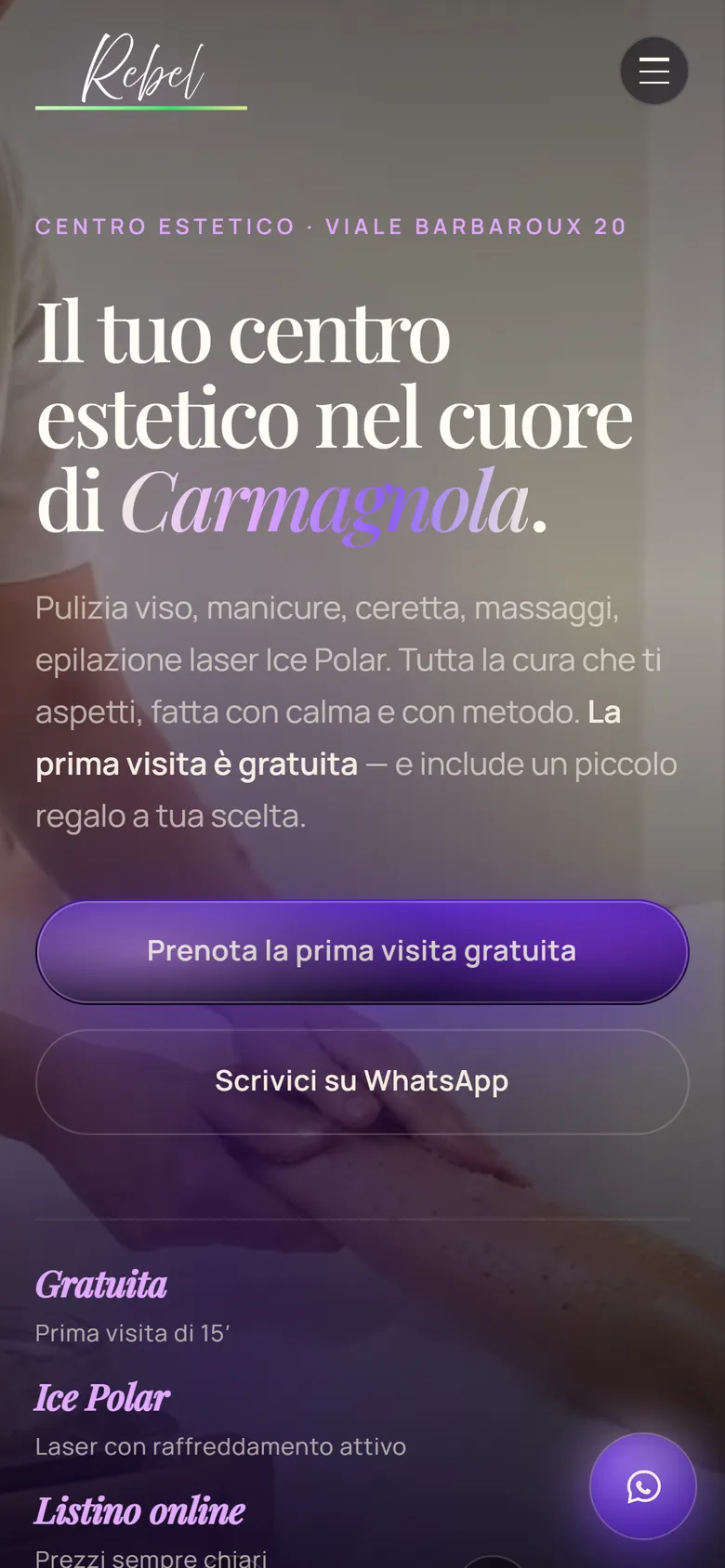 Versione mobile del sito Rebel: hero