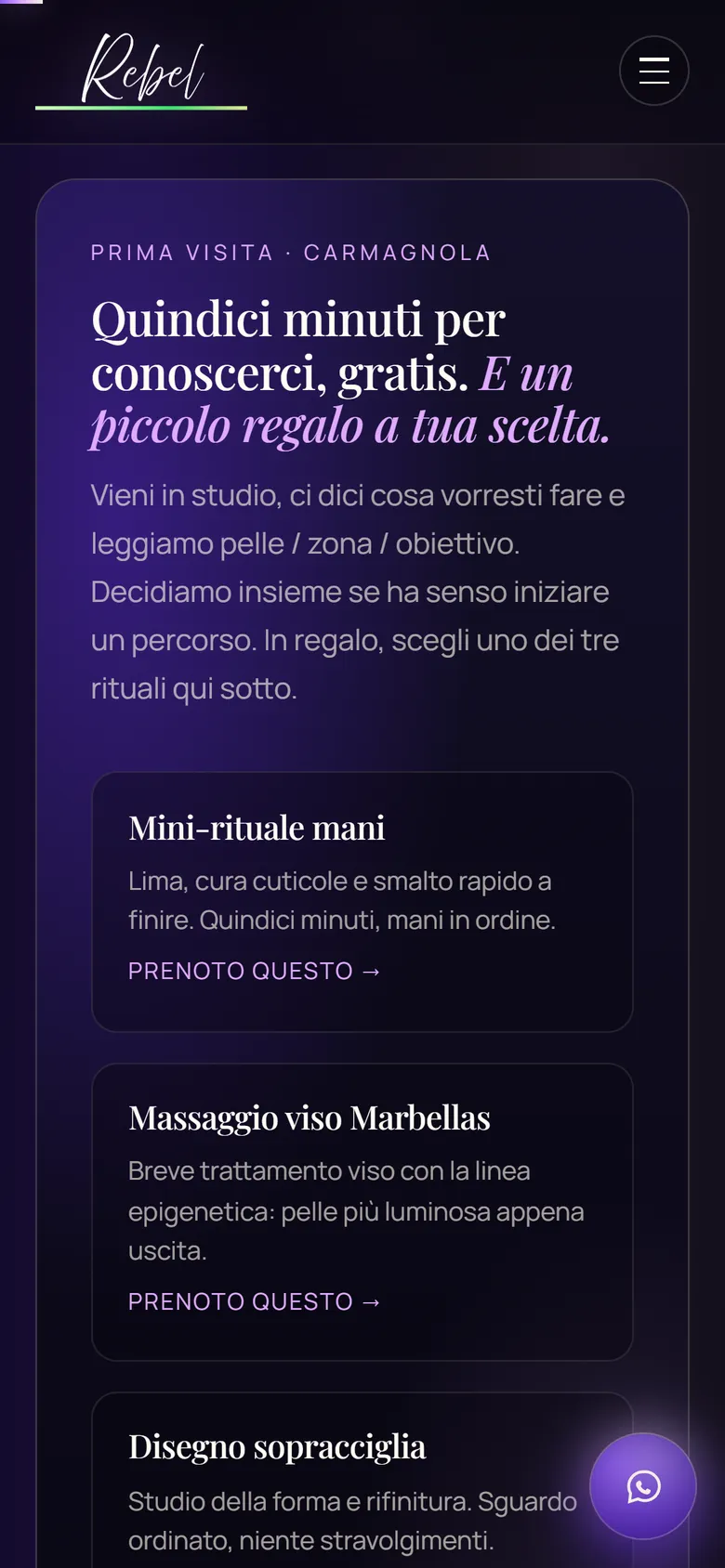 Versione mobile: sezione prima visita con i tre rituali in regalo