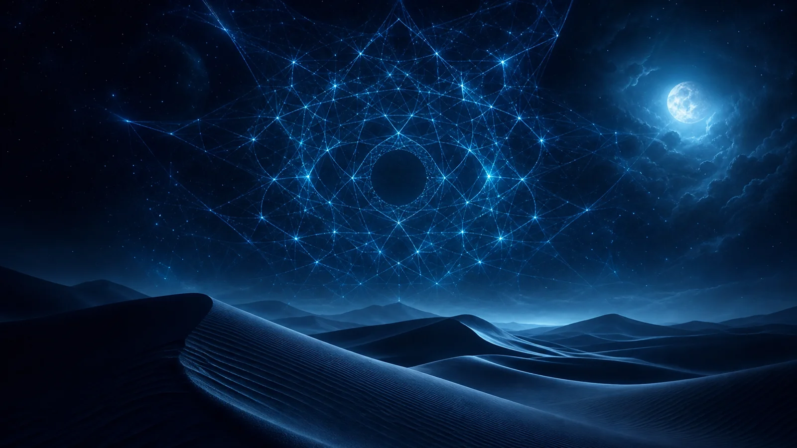 Reticolo generativo di luce ciano che si costruisce sopra dune notturne