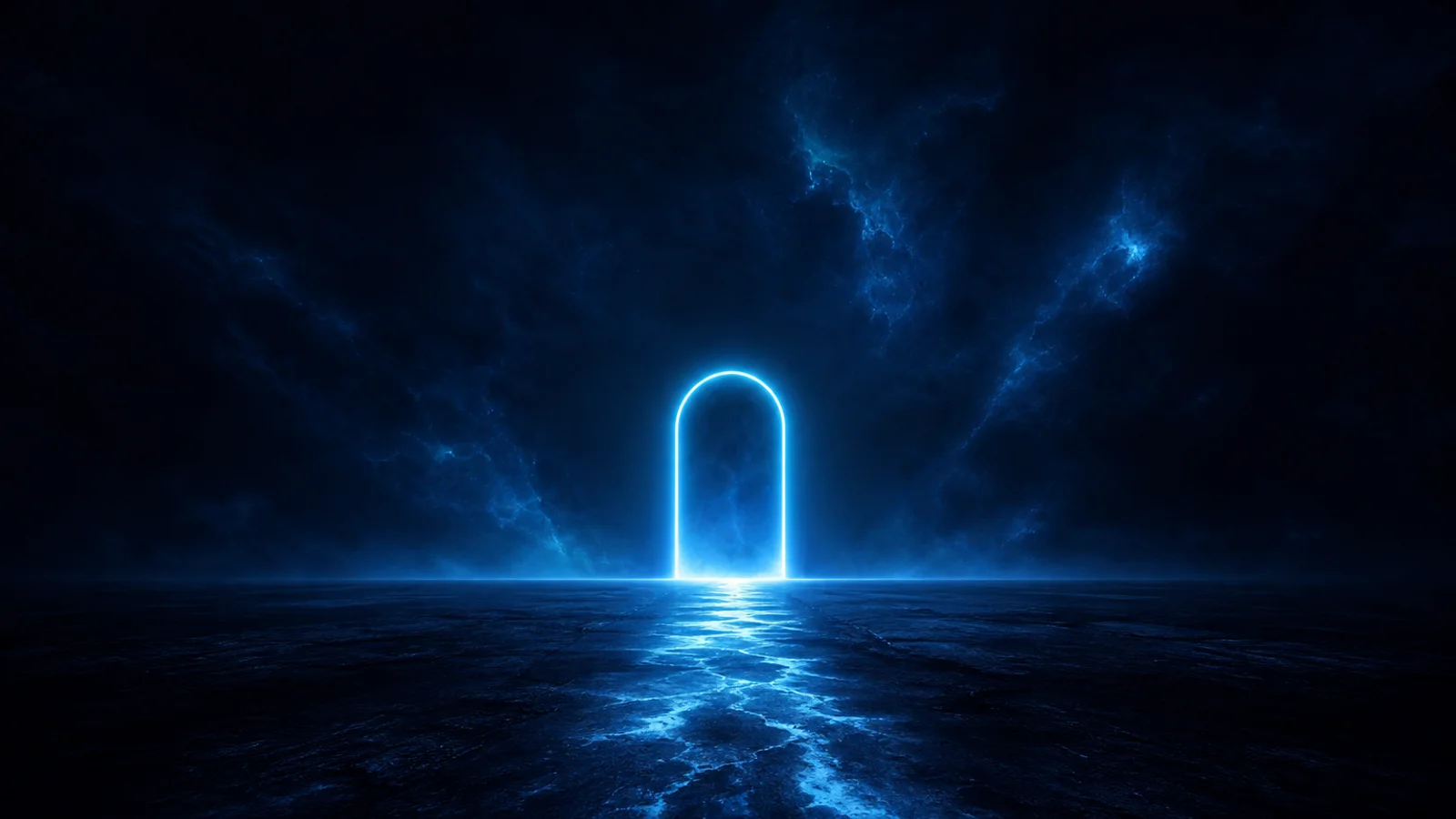 Portale ad arco di luce con un unico sentiero luminoso che vi conduce