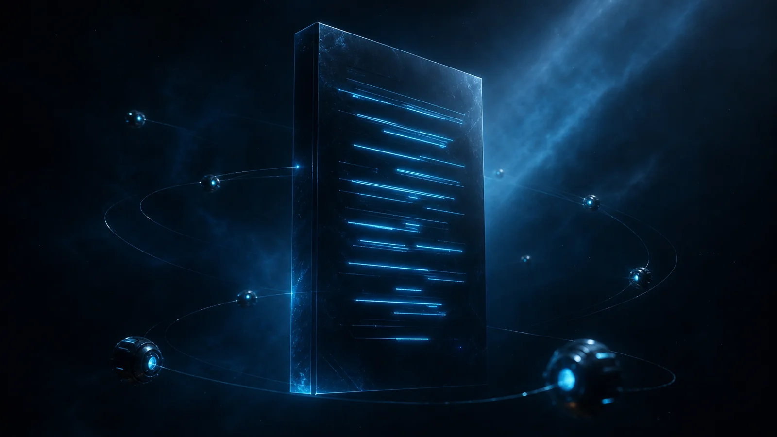 Documento-monolite di vetro con righe luminose e crawler in orbita