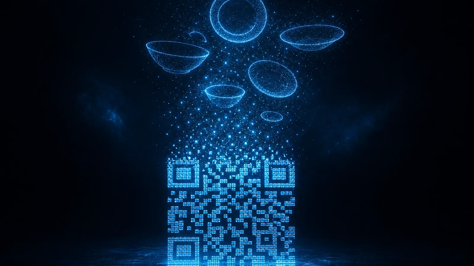 Codice QR di cubi luminosi che si dissolve in piatti stilizzati di luce