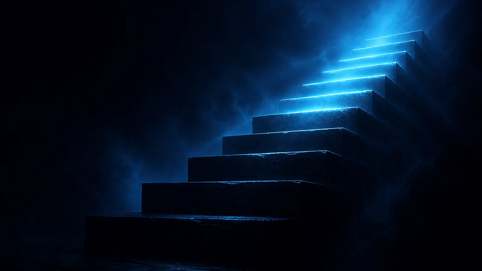 Scalinata di pietra scura con gradini che si illuminano progressivamente