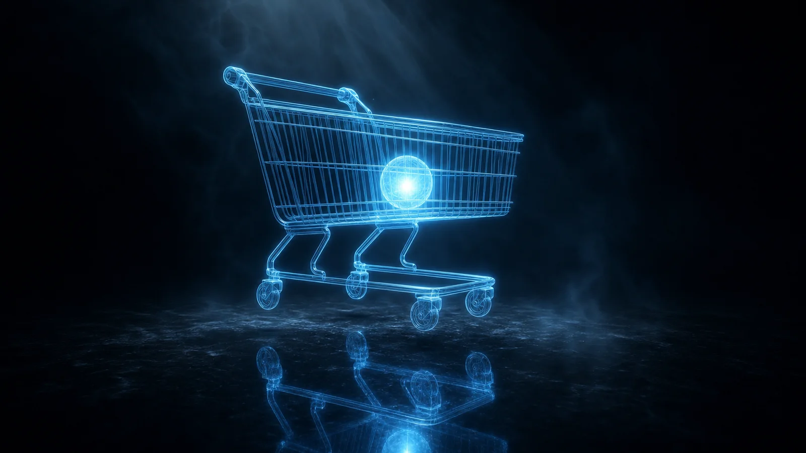 Carrello in wireframe di luce con un nucleo luminoso al centro