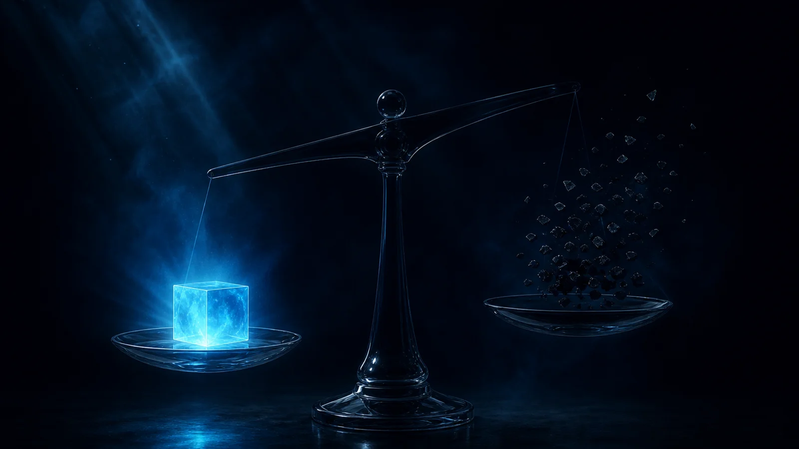 Bilancia astratta tra un cubo luminoso compatto e frammenti dispersi