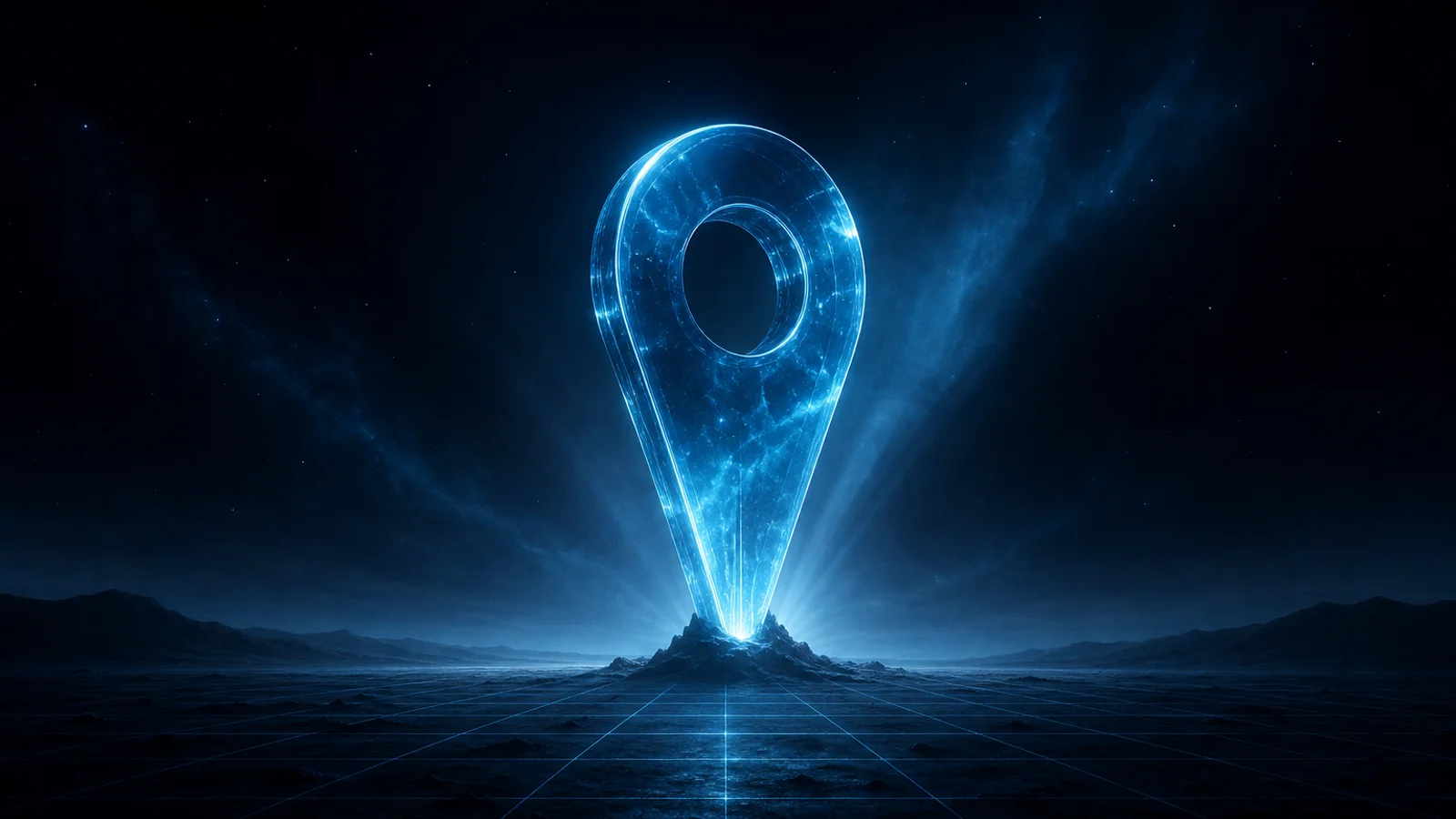 Pin di mappa in vetro luminoso eretto come monumento su una griglia prospettica