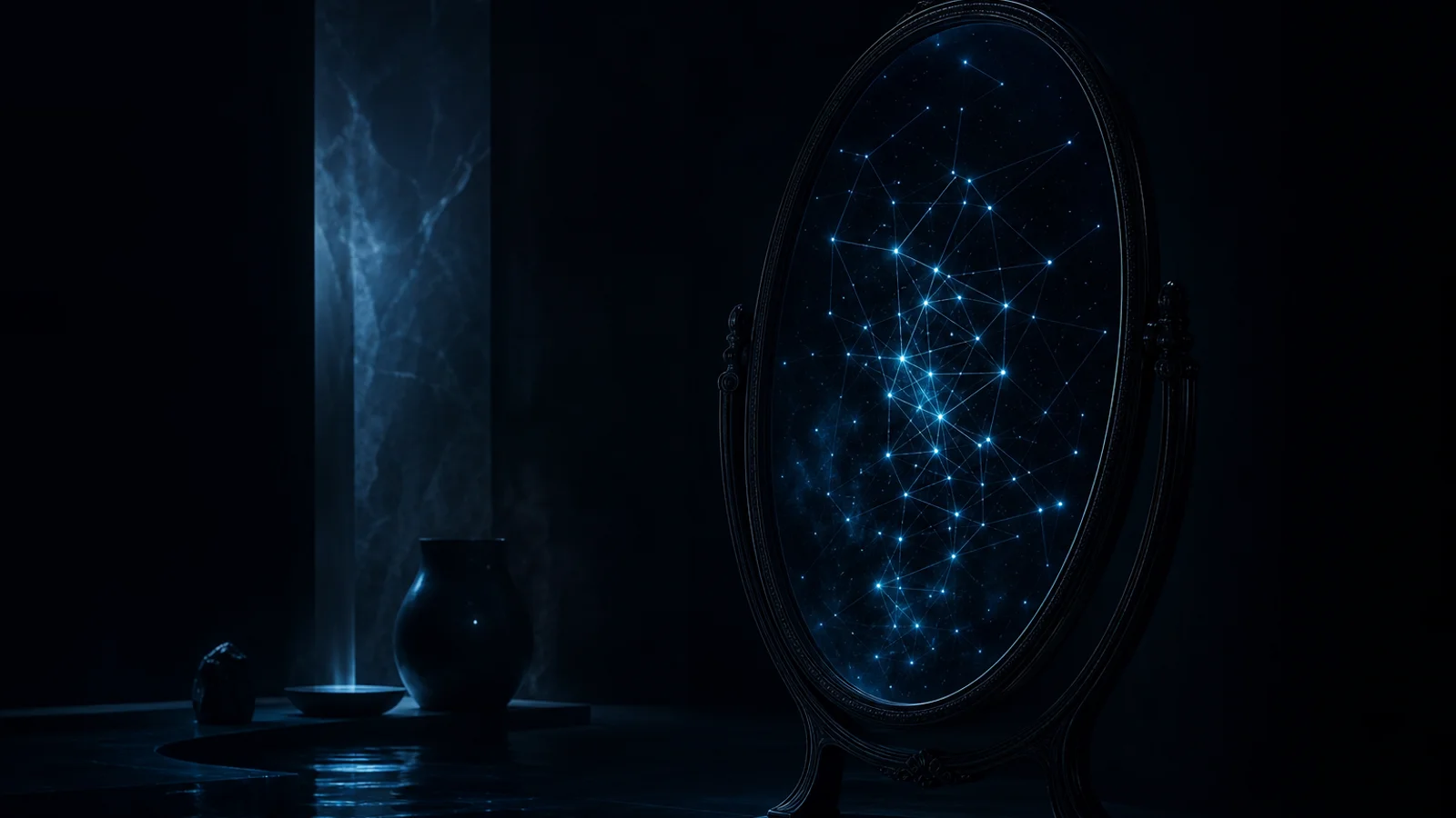 Specchio ovale che riflette una costellazione di punti luce collegati
