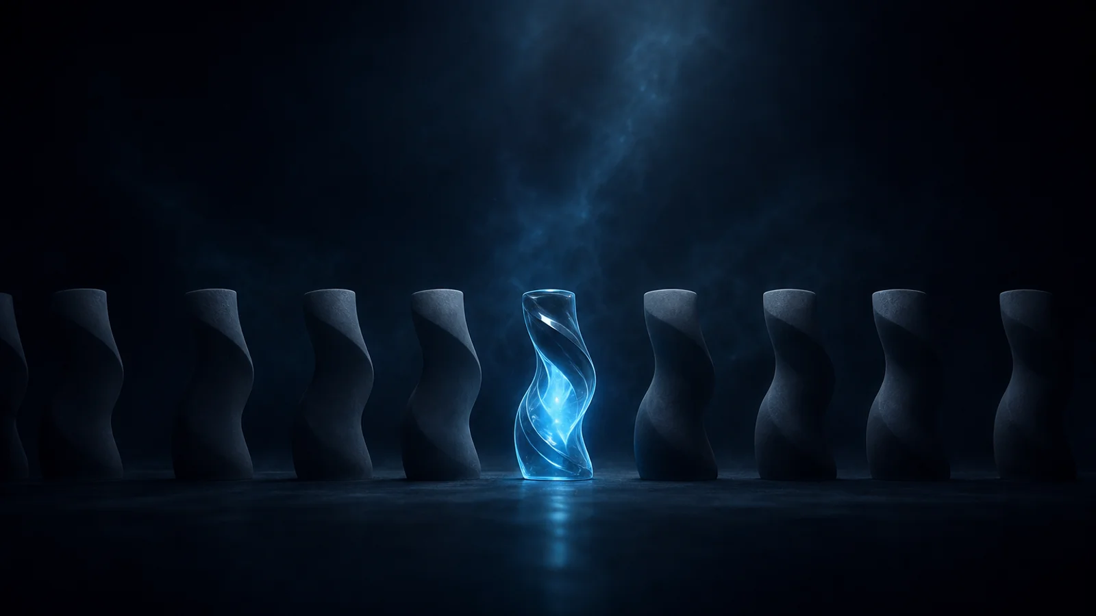 Forma unica di vetro luminoso al centro di una fila di forme identiche opache