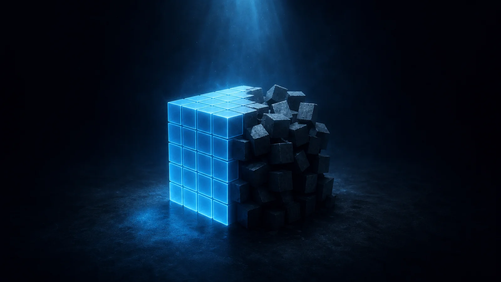 Cubo semi-costruito, per metà preciso e luminoso, per metà irregolare e spento