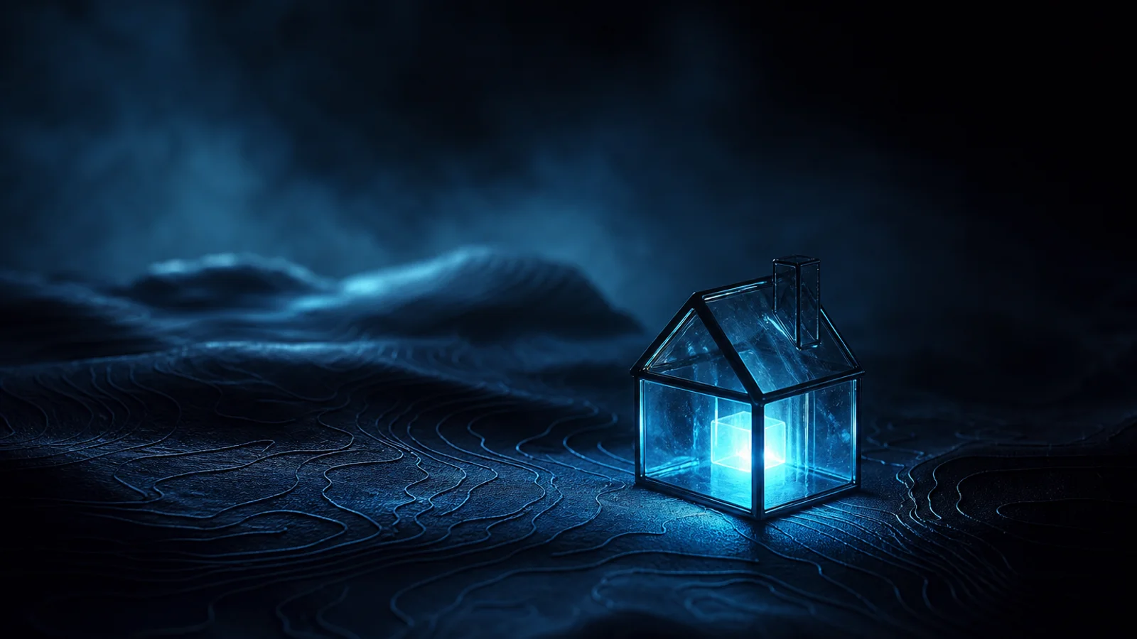 Casa-lanterna di vetro luminosa su una mappa topografica in rilievo