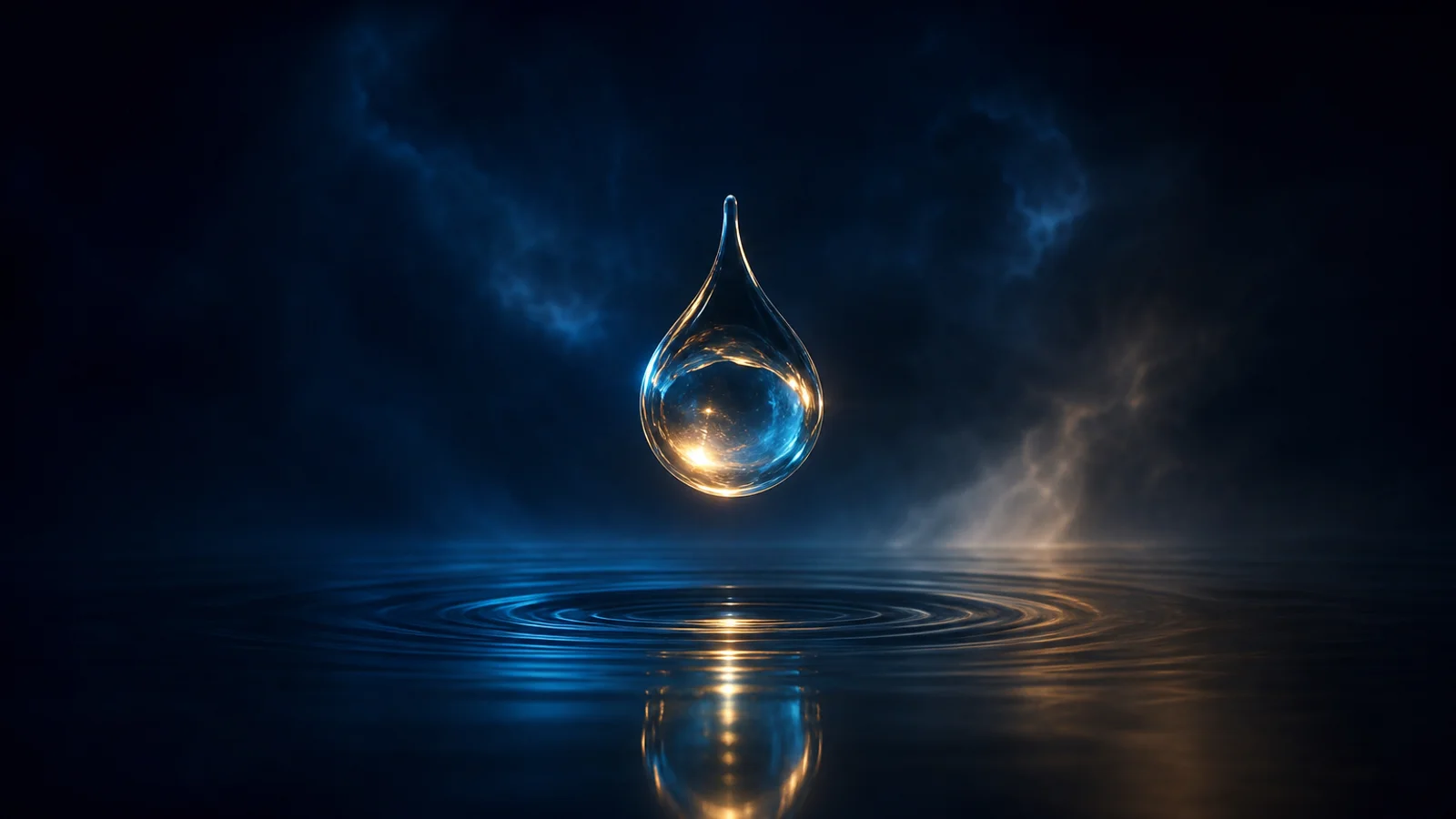 Goccia di vetro luminosa sospesa sopra una superficie di acqua nera immobile